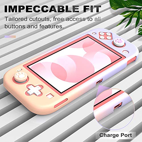 MoKo Funda Compatible con Nintendo Switch Lite,Protectora PC con 4 Tapas de Agarre Pulgar y 2 Protectores Pantalla de Vidrio Templado Transparente HD, Antideslizante, Resistente a Arañazos,Rosa+Morado