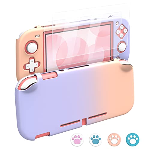 MoKo Funda Compatible con Nintendo Switch Lite,Protectora PC con 4 Tapas de Agarre Pulgar y 2 Protectores Pantalla de Vidrio Templado Transparente HD, Antideslizante, Resistente a Arañazos,Rosa+Morado