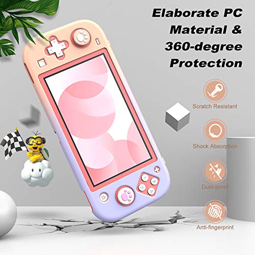 MoKo Funda Compatible con Nintendo Switch Lite,Protectora PC con 4 Tapas de Agarre Pulgar y 2 Protectores Pantalla de Vidrio Templado Transparente HD, Antideslizante, Resistente a Arañazos,Rosa+Morado