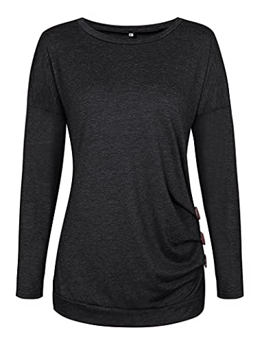 MOLERANI Tops de Manga Larga Camiseta de Mujer Túnica de Mujer Sudadera Informal de Cuello Redondo con Botones Negro Talla 42-44 L