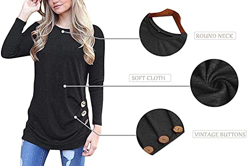 MOLERANI Tops de Manga Larga Camiseta de Mujer Túnica de Mujer Sudadera Informal de Cuello Redondo con Botones Negro Talla 42-44 L