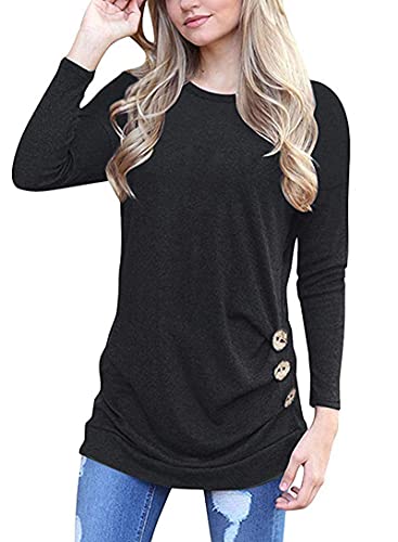 MOLERANI Tops de Manga Larga Camiseta de Mujer Túnica de Mujer Sudadera Informal de Cuello Redondo con Botones Negro Talla 42-44 L