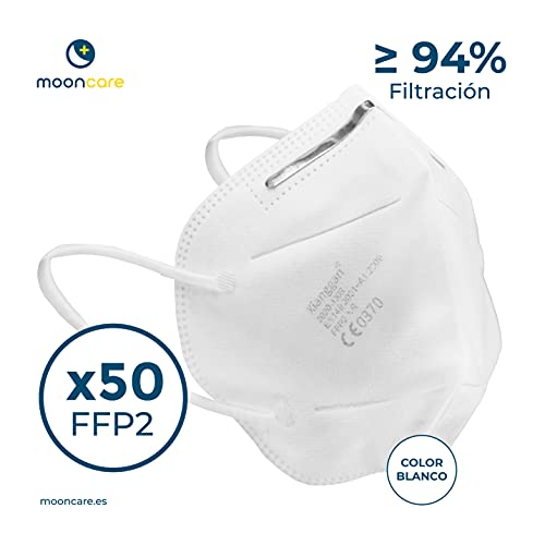 Mooncare Dispensador Mascarillas FFP2 [Pack 50 Uds] Oreja, Mascarilla Certificada/Homologada [NR], Eficacia Filtración > 94%, Norma EN149:2001+A1:2009, No Grafeno, Aprobadas Por INGESA (Blanco)