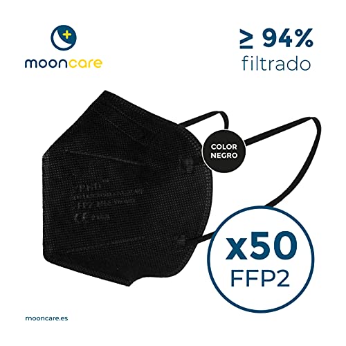 Mooncare Dispensador Mascarillas FFP2 [Pack 50 Uds] Oreja, Mascarilla Certificada/Homologada [NR], Eficacia Filtración > 94%, Norma EN149:2001+A1:2009, No Grafeno, Aprobadas Por INGESA (Negro)