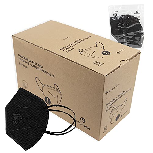 Mooncare Dispensador Mascarillas FFP2 [Pack 50 Uds] Oreja, Mascarilla Certificada/Homologada [NR], Eficacia Filtración > 94%, Norma EN149:2001+A1:2009, No Grafeno, Aprobadas Por INGESA (Negro)