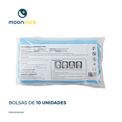 Mooncare Mascarilla Quirúrgica, [50 Uds/Caja], Mascarillas Desechables De 3 Capas [No Reutilizable], Mascarilla Certificada/Homologada, Eficacia de Filtración >99%, No Contiene Grafeno (Azul)