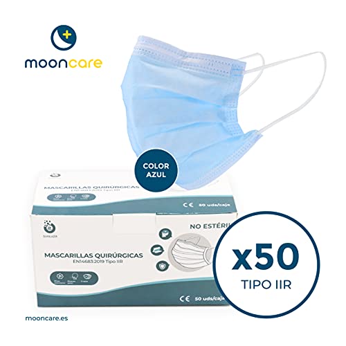 Mooncare Mascarilla Quirúrgica Tipo IIR, [50 Uds/Caja] Mascarillas Desechables De 3 Capas [No Reutilizable], Mascarilla Certificada/Homologada, BFE ≥ 99%, Norma EN14683:2019(Azul)