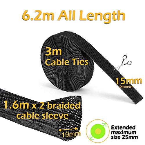 MOSOTECH Organizador Cables, 2 X 1.6m Cubre Cables Expandible con Corte Fácil Negro Bridas, Organizador de Cables Mesa a Prueba de Polvo para Office y PC Escritorio, Ø19mm, Negro