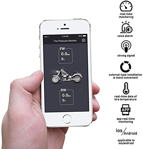 Moto Presión de Neumáticos Monitorización Sensor, Inalámbrico Externo Protección Sensor, TPMS Presión de Neumáticos Sistema de Monitoreo, Bluetooth App, Compatible con Android Ios, 1 Par