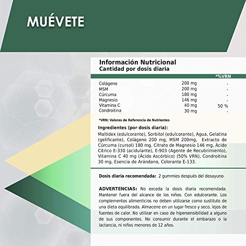 Muévete | Potente antiinflamatorio con acción analgésica | Regenerador articular | Potente cúrcuma + colágeno + magnesio + condroitina + MSM + vitamina C | 50 gummies