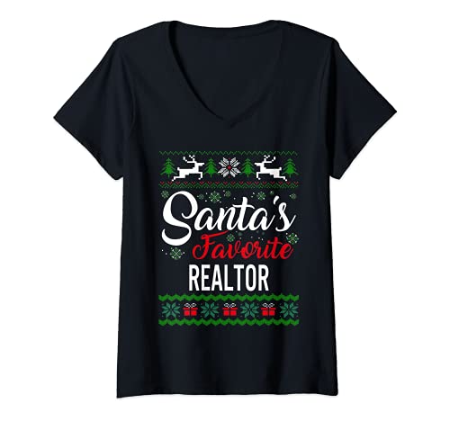 Mujer Familia fea de Navidad Santas Favorite Realtor Camiseta Cuello V