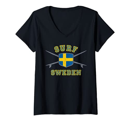 Mujer Surfing Suecia - Vintage Bandera Suecia Sverige Tablas de surf Camiseta Cuello V