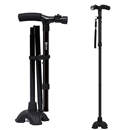 Muleta Plegable Ligero Muleta Ajustable para Caminar con Estable Base de Cuatro Patas y LED Linterna para Adultos Ancianos Hombre y Mujer(Una Manija)