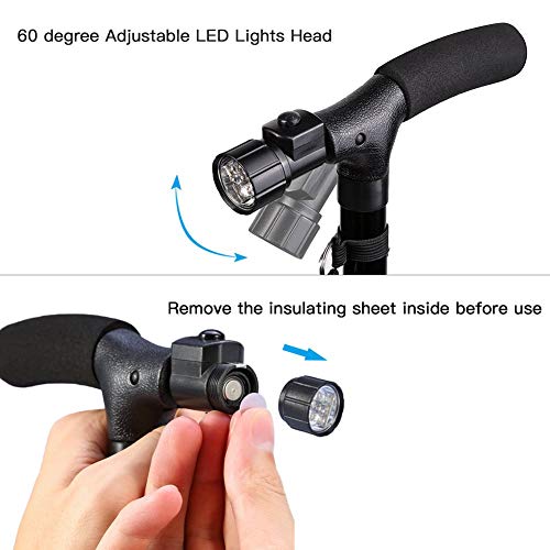 Muleta Plegable Ligero Muleta Ajustable para Caminar con Estable Base de Cuatro Patas y LED Linterna para Adultos Ancianos Hombre y Mujer(Una Manija)