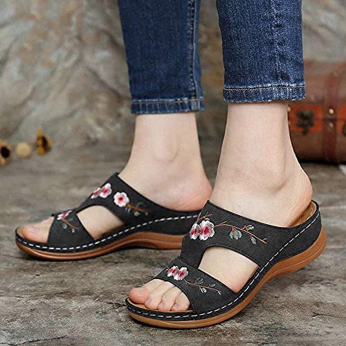 MUYOGRT Sandalias con Plataforma para Mujer Bordadas Mules Cómodos Zapatillas Sandalias de Cuña sin Espalda Verano Antideslizante Ortopédica Vintage Sandalias con Punta Abierta (39 EU, Negro)