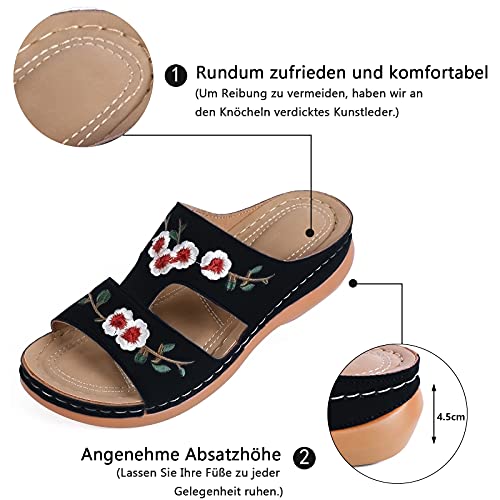 MUYOGRT Sandalias con Plataforma para Mujer Bordadas Mules Cómodos Zapatillas Sandalias de Cuña sin Espalda Verano Antideslizante Ortopédica Vintage Sandalias con Punta Abierta (39 EU, Negro)