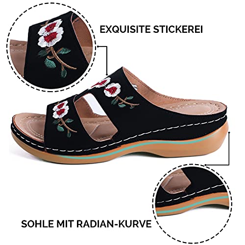 MUYOGRT Sandalias con Plataforma para Mujer Bordadas Mules Cómodos Zapatillas Sandalias de Cuña sin Espalda Verano Antideslizante Ortopédica Vintage Sandalias con Punta Abierta (39 EU, Negro)