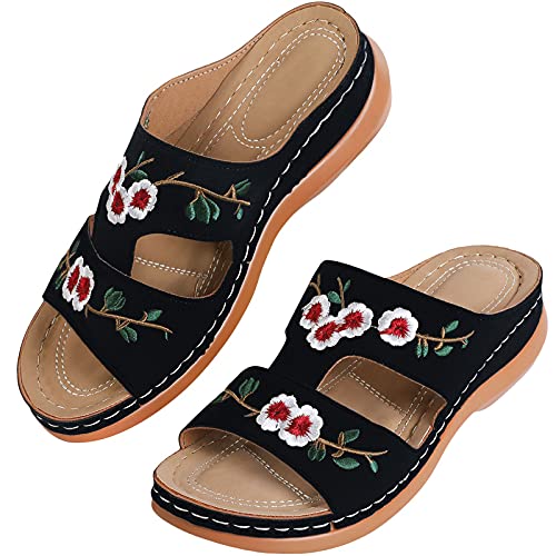 MUYOGRT Sandalias con Plataforma para Mujer Bordadas Mules Cómodos Zapatillas Sandalias de Cuña sin Espalda Verano Antideslizante Ortopédica Vintage Sandalias con Punta Abierta (39 EU, Negro)