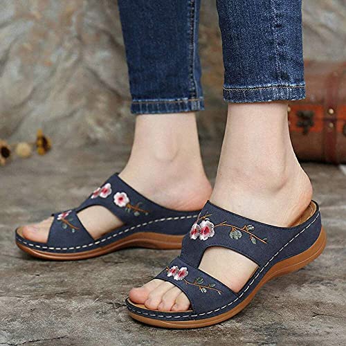 MUYOGRT Sandalias con Plataforma para Mujer Bordadas Mules Cómodos Zapatillas Sandalias de Cuña sin Espalda Verano Antideslizante Ortopédica Vintage Sandalias con Punta Abierta (39 EU, Azul)