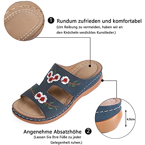 MUYOGRT Sandalias con Plataforma para Mujer Bordadas Mules Cómodos Zapatillas Sandalias de Cuña sin Espalda Verano Antideslizante Ortopédica Vintage Sandalias con Punta Abierta (39 EU, Azul)