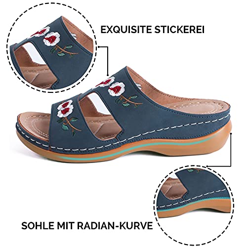 MUYOGRT Sandalias con Plataforma para Mujer Bordadas Mules Cómodos Zapatillas Sandalias de Cuña sin Espalda Verano Antideslizante Ortopédica Vintage Sandalias con Punta Abierta (39 EU, Azul)