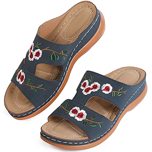 MUYOGRT Sandalias con Plataforma para Mujer Bordadas Mules Cómodos Zapatillas Sandalias de Cuña sin Espalda Verano Antideslizante Ortopédica Vintage Sandalias con Punta Abierta (39 EU, Azul)