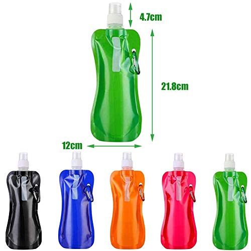 NALCY Botella de Agua Plegable, 6PCS Botella de Agua Plegable, Botella de Agua Potable Reutilizable de 480ml con Mosquetón de Aluminio para Senderismo, Ciclismo, Camping