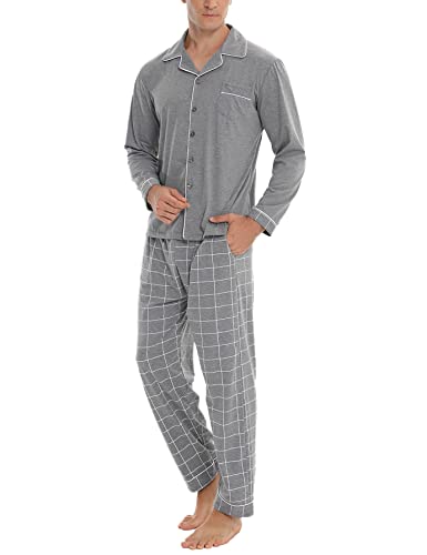 NC Pijama Hombre Largo Algodón con Mangas Largas Comfortable 2 Piezas Conjunto de Pijama Largo Hombre a Rayas Cuello Redondo Ropa de Dormir Suave Cómodo