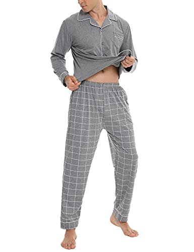 NC Pijama Hombre Largo Algodón con Mangas Largas Comfortable 2 Piezas Conjunto de Pijama Largo Hombre a Rayas Cuello Redondo Ropa de Dormir Suave Cómodo