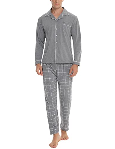 NC Pijama Hombre Largo Algodón con Mangas Largas Comfortable 2 Piezas Conjunto de Pijama Largo Hombre a Rayas Cuello Redondo Ropa de Dormir Suave Cómodo