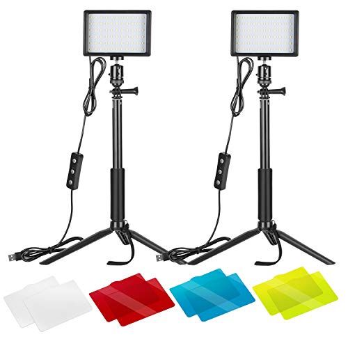 Neewer 2-Pack Luz LED Video 5600K Regulable con Soporte Trípode Ajustable/Filtros de Color para Tablero de Mesa/Angulo Bajo,Iluminación LED Colorida,Retrato Producto Fotografía Video Youtube