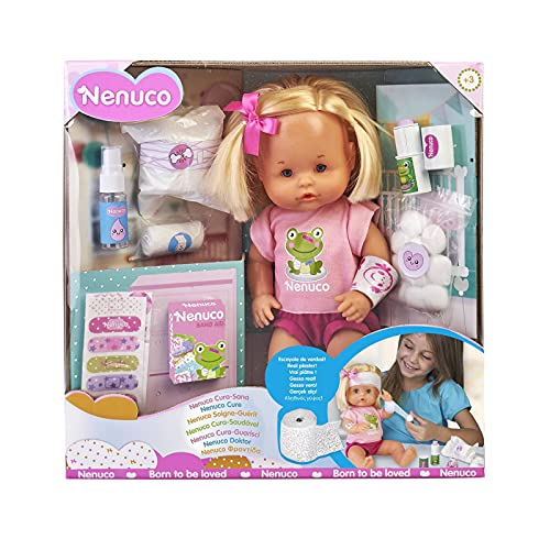 Nenuco - Cura Sana, muñeca para Jugar a los médicos con tu bebé, con tiritas de Colores y el Kit médico para Curar a la muñeca, Juguete indicado para niños y niñas de 3 años, Famosa (700016256)