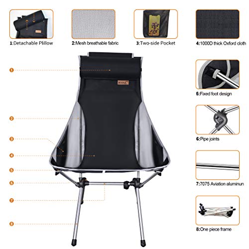 Nice C Silla De Camping Plegable Ultraligera con Respaldo Alto, Actualización con Almohada Extraíble, Bolsillo Lateral Y Bolsa De Transporte, Camping (Juego De 1 Negro)