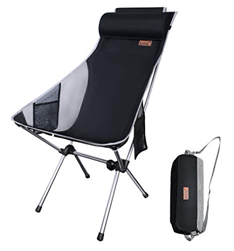 Nice C Silla De Camping Plegable Ultraligera con Respaldo Alto, Actualización con Almohada Extraíble, Bolsillo Lateral Y Bolsa De Transporte, Camping (Juego De 1 Negro)