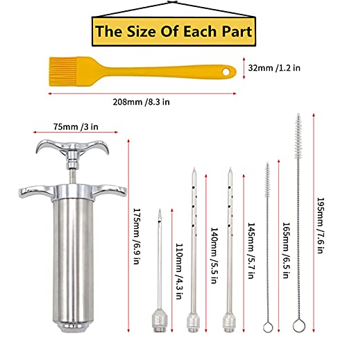 Nifogo Jeringa de Cocina Inyector de Salsas/Sabor/Carne/marinar/Alimentos de Acero Inoxidable Escabeche Salmuera Inyector de condimento Aguja para Especias BBQ Jeringa para asados con 3 Agujas