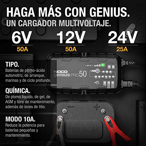 NOCO GENIUSPRO50, 50A cargador de batería automático inteligente portátil de 6V, 12V y 24V, mantenedor de batería y desulfador para auto, camión y caravana