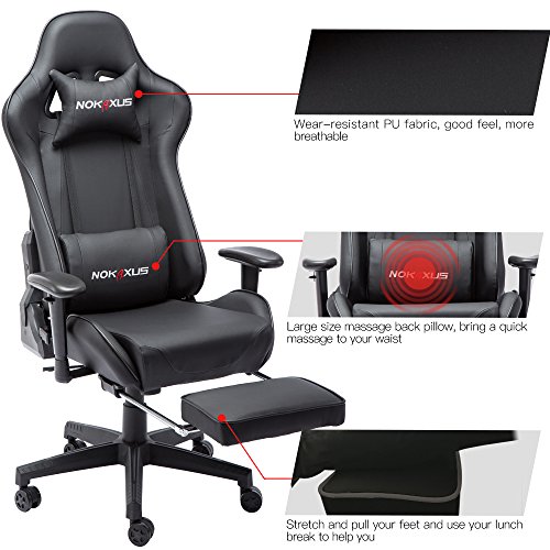 NOKAXUS - Silla de Oficina para Videojuegos tamaño Grande Respaldo Alto Asiento de Carreras con masajeador Soporte Lumbar y reposapiés retráctil Ajuste de 90-180 Grados del Respaldo (Yk-6008-black)