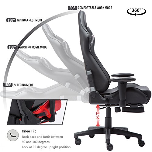 NOKAXUS - Silla de Oficina para Videojuegos tamaño Grande Respaldo Alto Asiento de Carreras con masajeador Soporte Lumbar y reposapiés retráctil Ajuste de 90-180 Grados del Respaldo (Yk-6008-black)