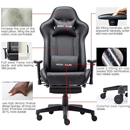 NOKAXUS - Silla de Oficina para Videojuegos tamaño Grande Respaldo Alto Asiento de Carreras con masajeador Soporte Lumbar y reposapiés retráctil Ajuste de 90-180 Grados del Respaldo (Yk-6008-black)