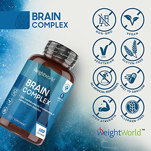 Nootrópico Natural Brain Complex 180 Cápsulas | Suplemento Para el Cerebro Concentración y Memoria, Complejo Multivitaminas y Minerales Con Ginkgo Biloba, Teanina, Taurina, Reduce Cansancio y Fatiga