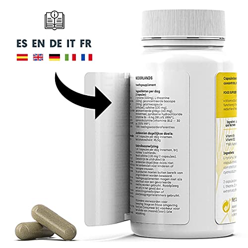 Nootrópico Natural Envase XL 60 Cápsulas | Fórmula para incrementar la energía, concentración y agilidad mental | Cafeína, Ginko Biloba, Tirosina, Teanina, Bacopa Monnieri y Vitaminas