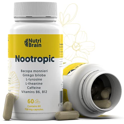 Nootrópico Natural Envase XL 60 Cápsulas | Fórmula para incrementar la energía, concentración y agilidad mental | Cafeína, Ginko Biloba, Tirosina, Teanina, Bacopa Monnieri y Vitaminas