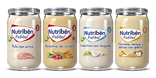 Nutribén Packs De Potitos Variados, 2 packs de 4 potitos de diferentes sabores (Carne, Pescado y Fruta)- 8x 235gr alargado