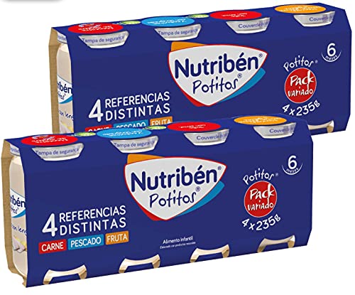 Nutribén Packs De Potitos Variados, 2 packs de 4 potitos de diferentes sabores (Carne, Pescado y Fruta)- 8x 235gr alargado