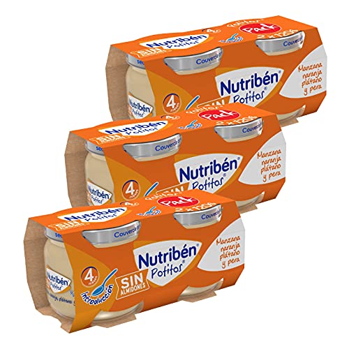 Nutribén Potitos pack Merienda, Introducción a la Manzana, Naranja, Plátano y Pera, Sin almidones , Desde los 4 meses, 3 bipacks (6 x 120gr)