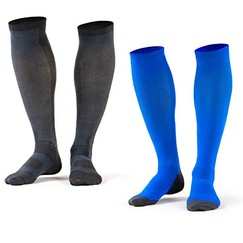 Occulto 1-2 Pares Medias de Compresion para Hombre y Mujer, Calcetines COMPRESIVOS 25-30mmHG para Deporte, Viajes, Embarazo y REGENERACIÓN 2 Pares | Azul,Gris 39-42