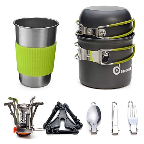 Odoland Utensilios Cocina Camping Kit con Ollas Camping y Sartén de Aluminio, Estufa Trekking, Taza de Acero Inoxidable, Cubiertos Plegable - Cacerolas de Acampada de Camping y Viaje