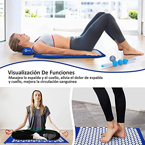 OMBAR Esterilla Acupresión Kit con Almohada para Acupuntura y Yoga, Kit de Masaje con Cojín Alivia el Dolor de Espalda y Cuello, Relaja los Músculos y Reduce el Insomnio