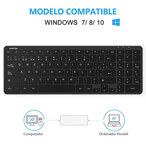 OMOTON Teclado Inalámbrico con USB, Teclado Español Ordenador Portátil Windows 7/8/10 con Teclas Numericas (2.4 GHz, inalámbrico, Windows) Negro