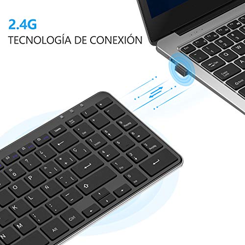 OMOTON Teclado Inalámbrico con USB, Teclado Español Ordenador Portátil Windows 7/8/10 con Teclas Numericas (2.4 GHz, inalámbrico, Windows) Negro